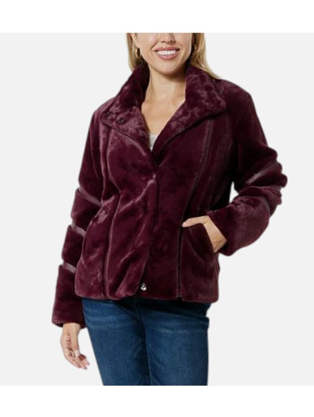 Colleen Lopez Women's Faux Mink Jacket Faux Leather Inserts Cabernet Size Small